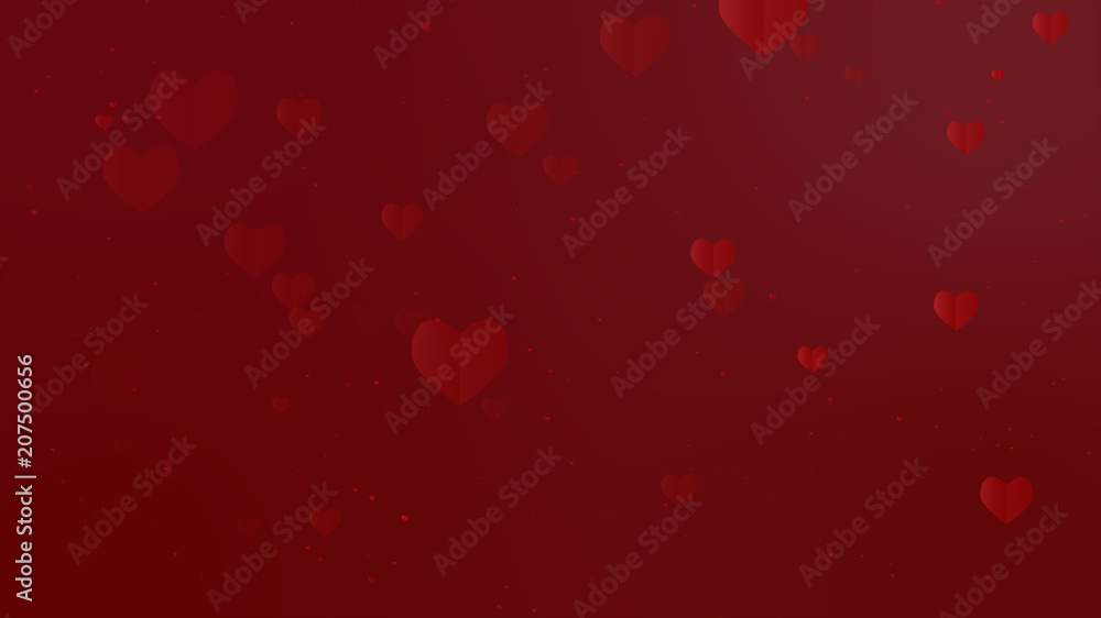 abstract christmas gradient red gradient background with bokeh glitter and red hearts shape flowing, happy holiday for woman, wedding, celebration with sweet and romantic moment