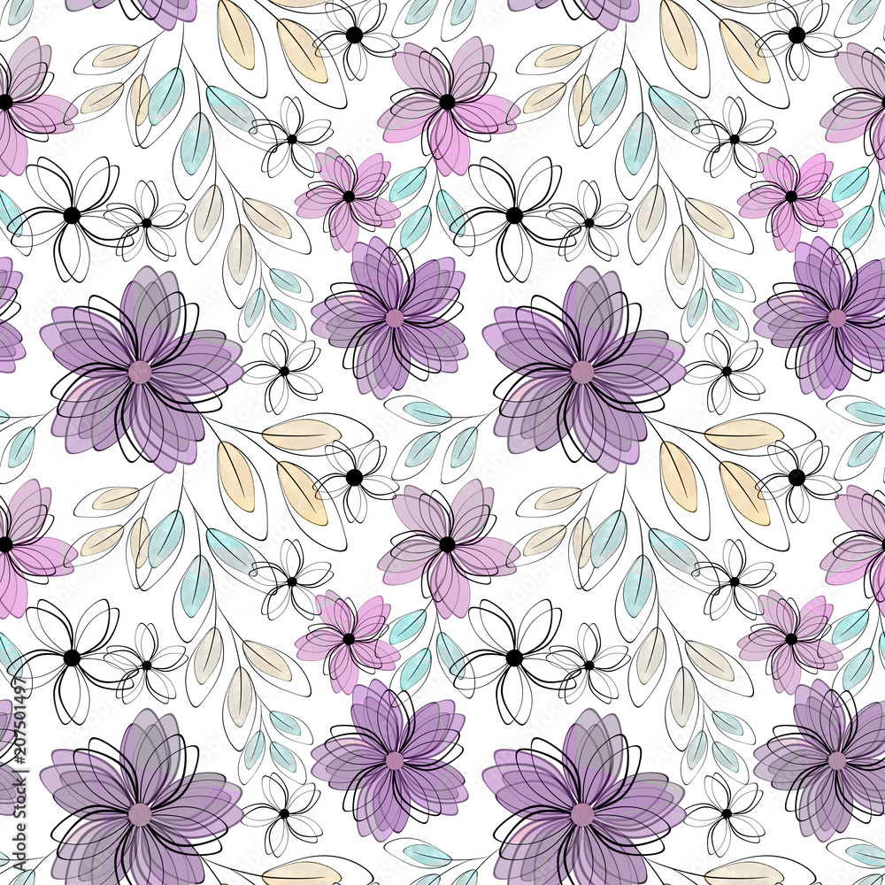 Seamless retro floral pattern . Pink, lilac flowers on white background. Seamless retro floral pattern . Pink, lilac flowers on white background.