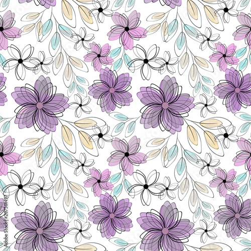 Seamless retro floral pattern . Pink, lilac flowers on white background.
