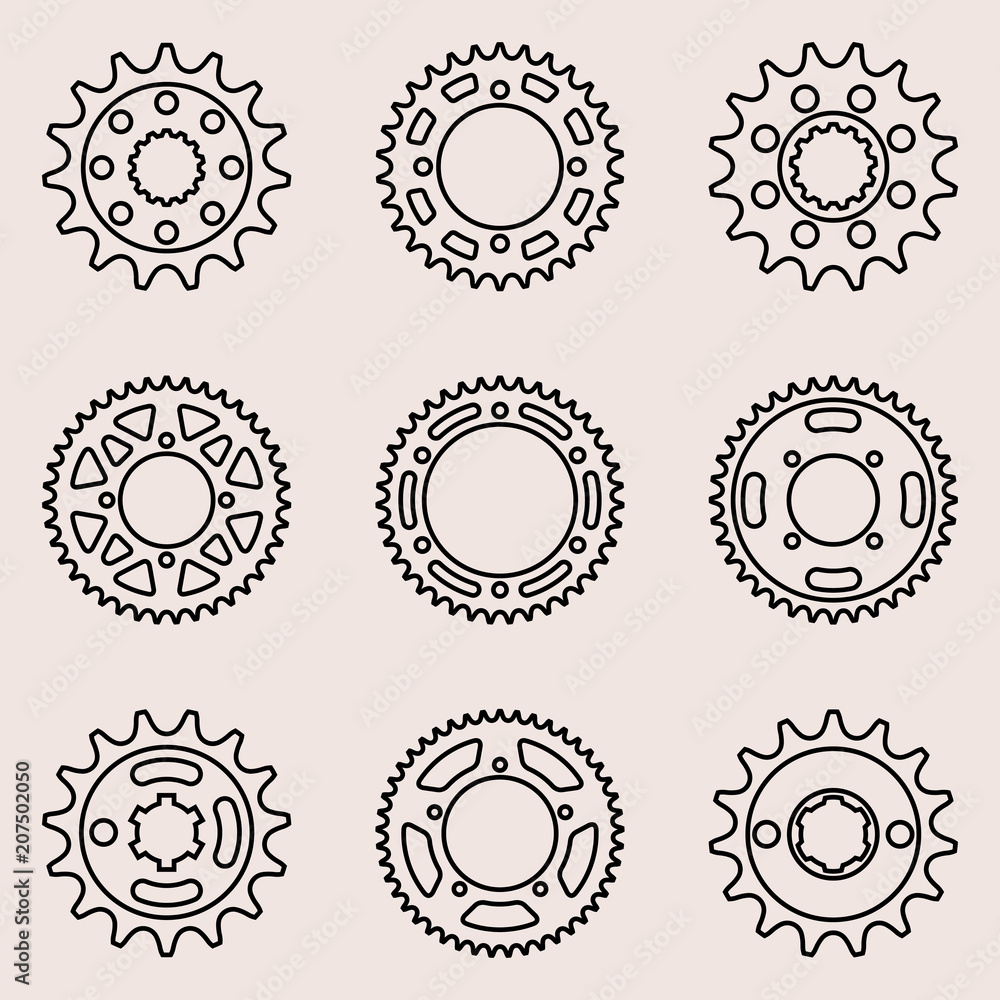 Sprocket wheel icons set. Vector thin line Sprocket wheel icons set. Vector thin line