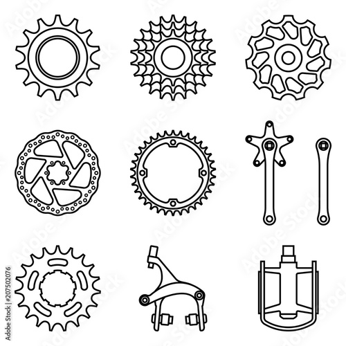 Set of various types of bicycle parts. Vector thin line