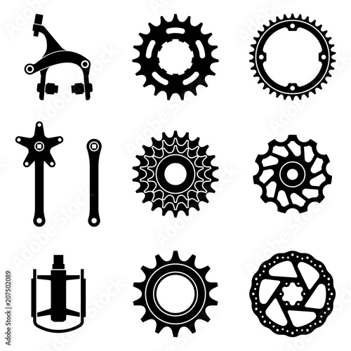 Set of various types of bicycle parts. Silhouette vector