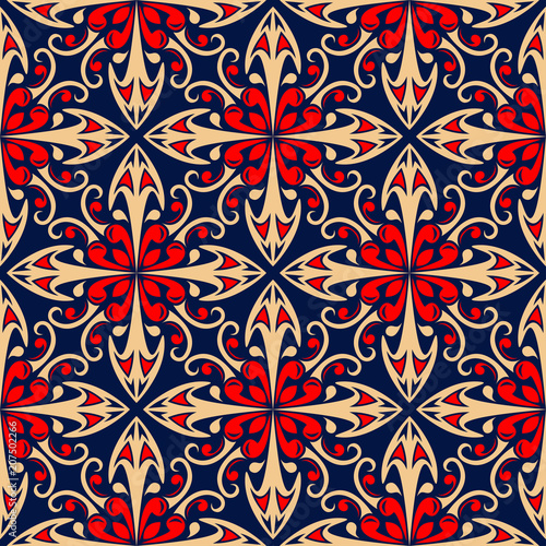 Blue seamless background. Floral beige and red pattern