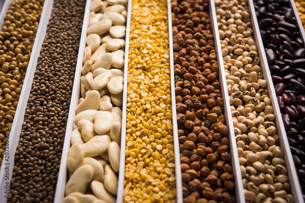 Indian Beans,Pulses,Lentils,Rice and Wheat grain in a white box with cells or strips, selective focus. Indian Beans,Pulses,Lentils,Rice and Wheat grain in a white box with cells or strips, selective focus.