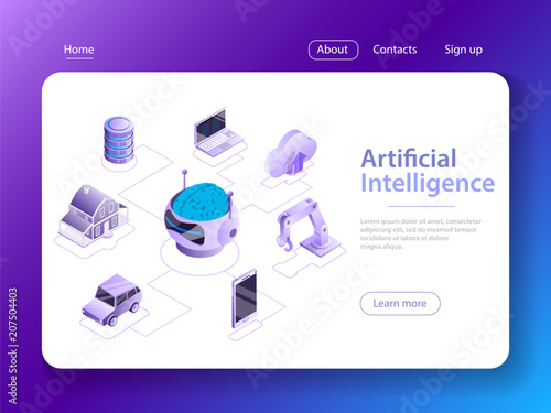 Flat isometric vector concept of artificial intelligence, big data, cyber mind, machine learning, digital brain, cyberbrain.