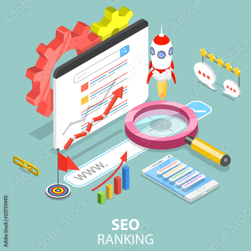 Flat isometric vector concept of Search engine ranking, web analytics, SEO, website optimization marketing.