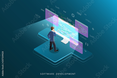 Flat isometric vector concept of software development, programming, coding.