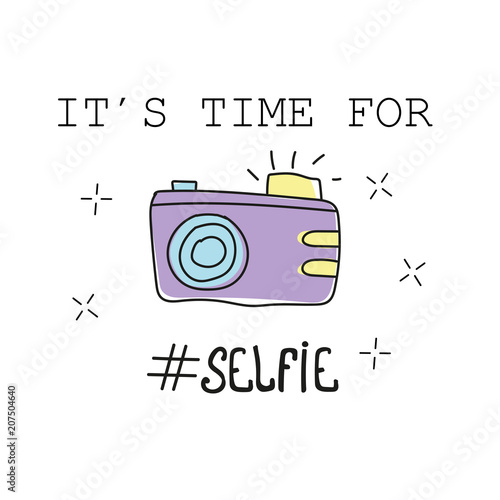 Vector illustration. lettering composition of Summer Time with hand drawn photo camera - It is time for selfie