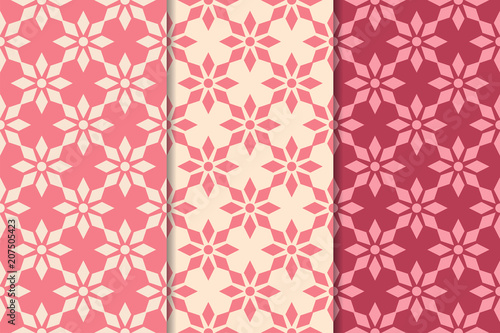 Set of red floral ornaments. Cherry pink vertical seamless patterns