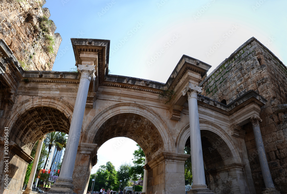 Hadrian's Gate panorama. Ancient construction in the old town in Antalya