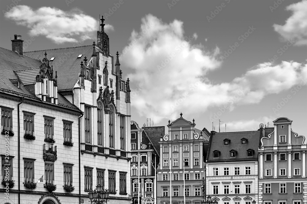 Central market square in Wroclaw Poland with old houses. Travel vacation concept. Black and white