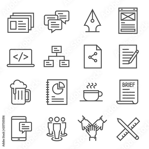 Teamwork Outline Vector Icon Set. Included the icons as presentation, comment, mockups, flow chart, coffee break, beer and more.