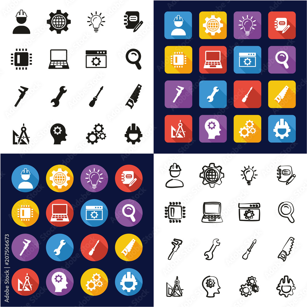 Engineering Icons All in One Icons Black & White Color Flat Design ...