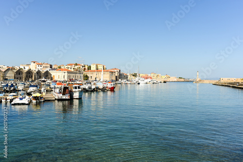 View of the Venetian port of Chania with the ancient venetian shipyards and center of mediterranean architecture © ksl