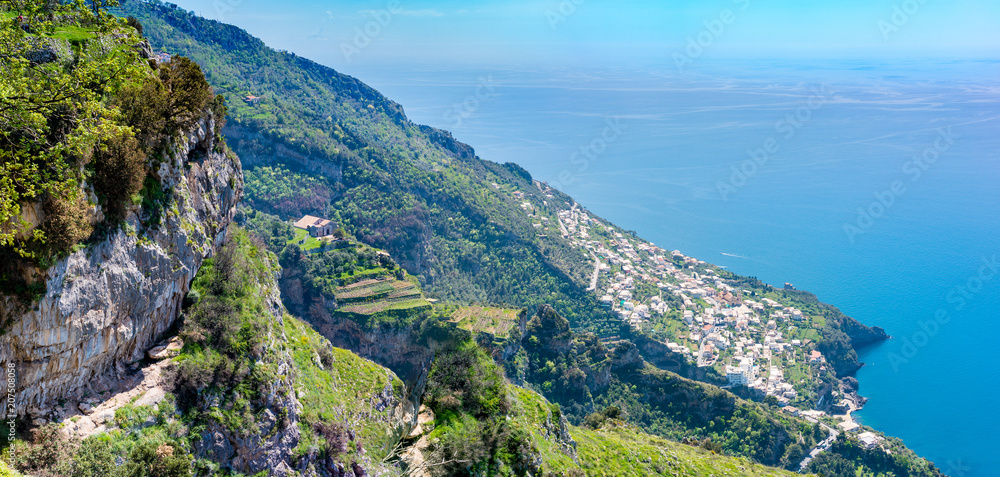 Aerial view of Praiano  town and Amalfi coast  from hiking trail 