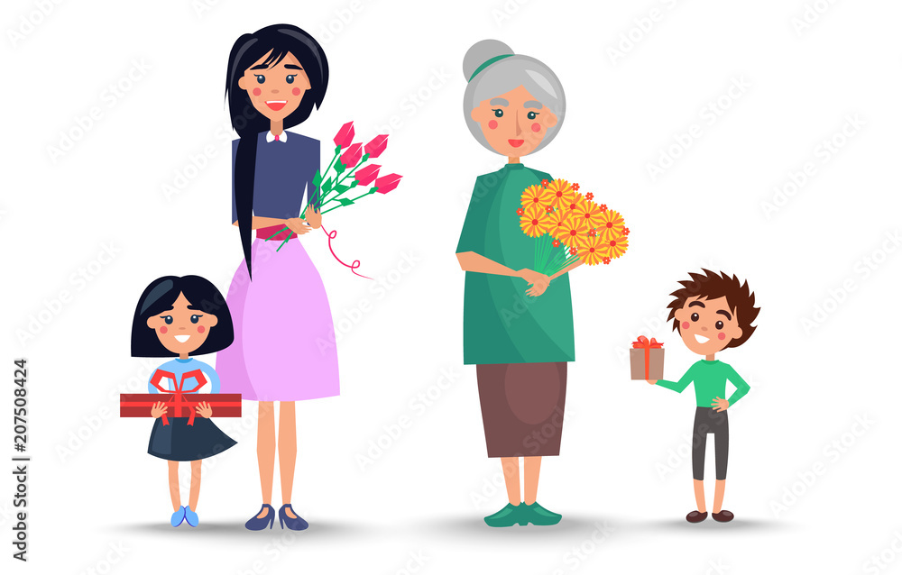 Mother and Grandmother with Flowers and Children