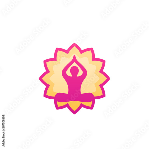 yoga logo, man in lotus pose and flower