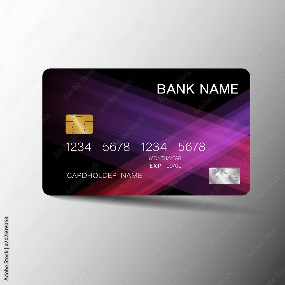 Realistic detailed credit card . Purple and black color on the gray background.