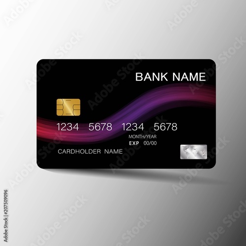 Realistic detailed credit card . Purple and black color on the gray background.