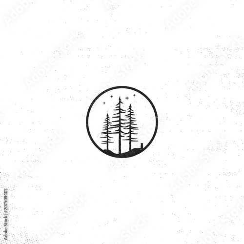 Hand drawn forest badge concept. Pine trees textured vector illustration with stars. Isolated on white background. Perfect for camping, adventure logo or patches.