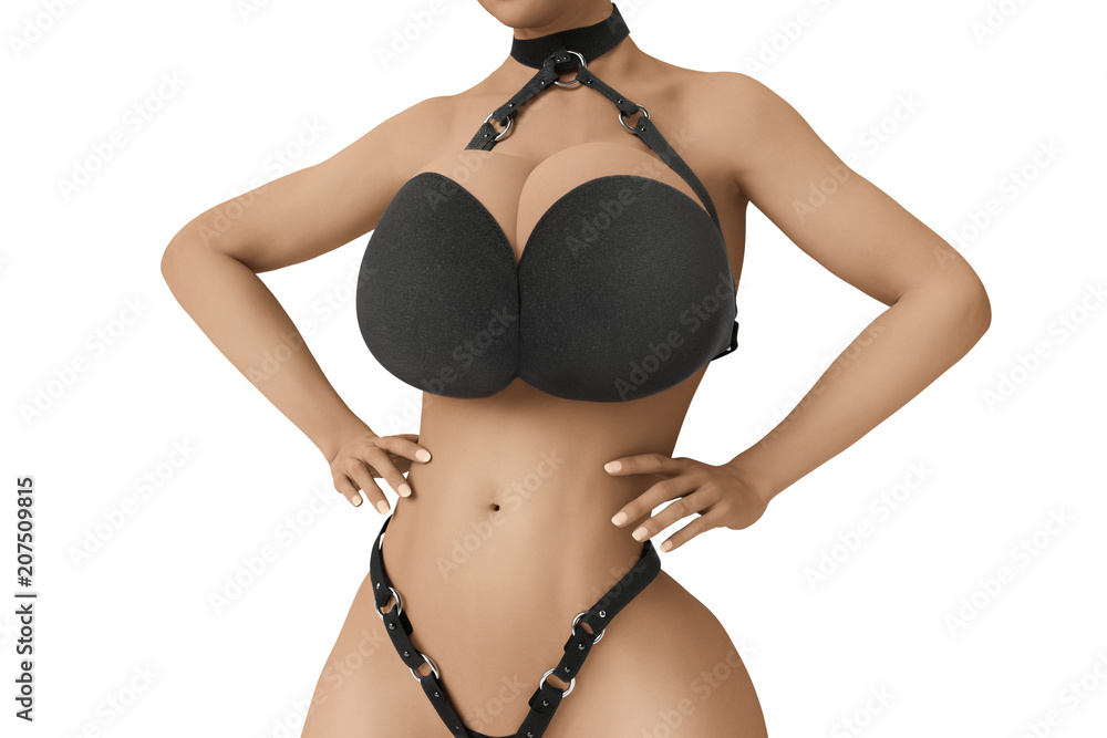 Beautiful busty woman in sexy metal chain leather bra ilustração