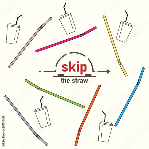 Single-use plastic outline icons of straw and beverage cup. Skip the straw typographic with straw box gimmick. Reduce plastic waste concept. Vector illustration. 