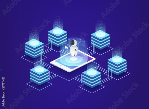 Server station, data center. Digital information technologies under control of artificial intelligence of the robot using a smartphone.