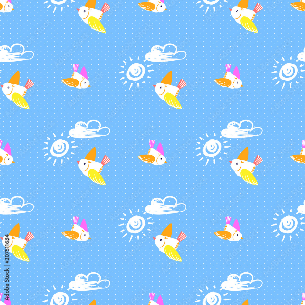 Sun Bird with Cloud Pattern Vector Illustration