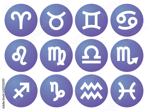 Zodiac signs: aquarius, libra, leo, taurus, cancer, pisces, virgo, capricorn, sagittarius, aries, gemini, scorpio. Astrological calendar collection, zodiacal color vector horoscope. Colorful elements