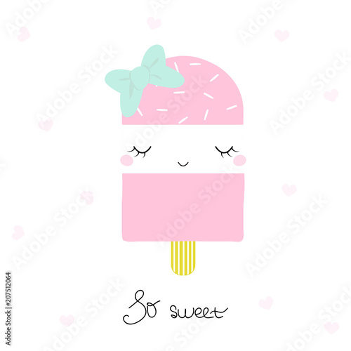 Cute pink ice cream with bow and lettering. Vector hand drawn illustration.