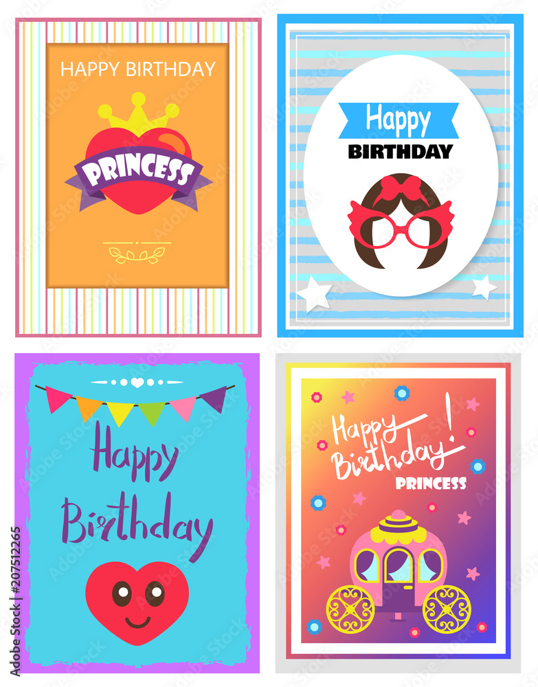 Happy Birthday Various Cards Vector Illustration