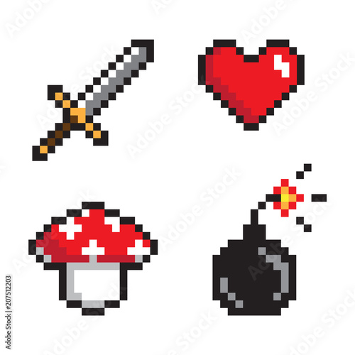 Glowing Icons of Heart and Sword Bomb and Mushroom