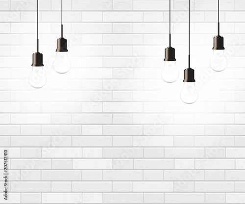 Realistic white brick background with hanging light bulbs, vector illustration