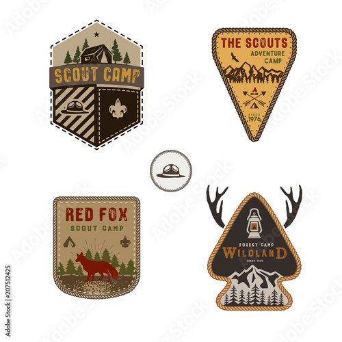 Travel badge, outdoor activity logo collection. Scout camp emblem set. Vintage hand drawn travel badge design. Stock illustration, insignias, rustic patches. Isolated on white background