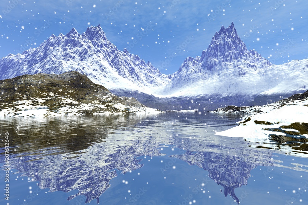 Obraz Opadów śniegu, zimowy krajobraz, wspaniałe góry, śnieg na ziemi, odbicie w wodzie i pochmurne niebo.
