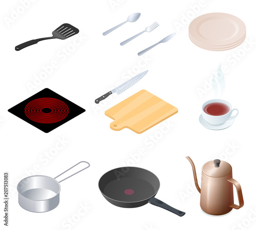 Flat isometric illustration of kitchen utensils, kitchenware and cookware set. The cooking equipment, cuisine accessories, crockery vector elements isolated on white background.