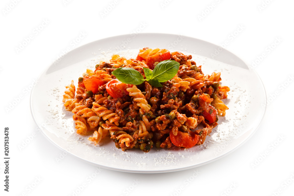 Pasta with tomato sauce on white background Pasta with tomato sauce on white background