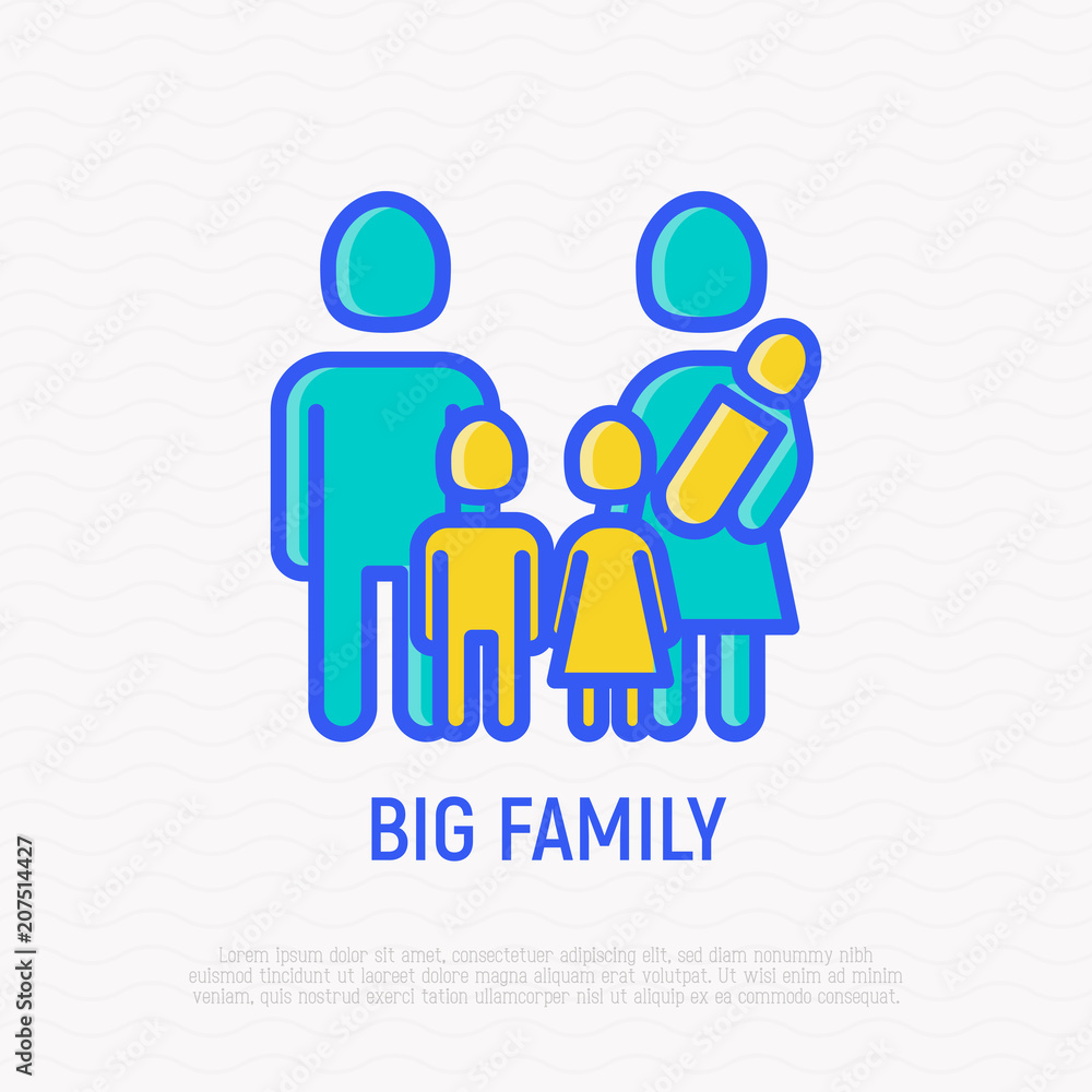 Silhouette of big family. Man, woman and three children: newborn, boy and girl thin line icon. Modern vector illustration.