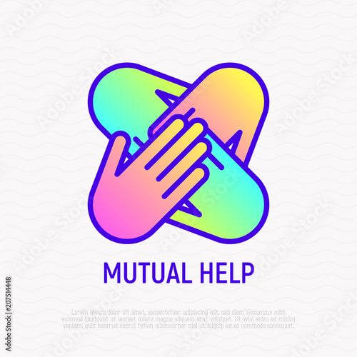 Four hands together thin line icon, symbol of mutual help, charity, team work, support. Modern vector illustration with gradient.