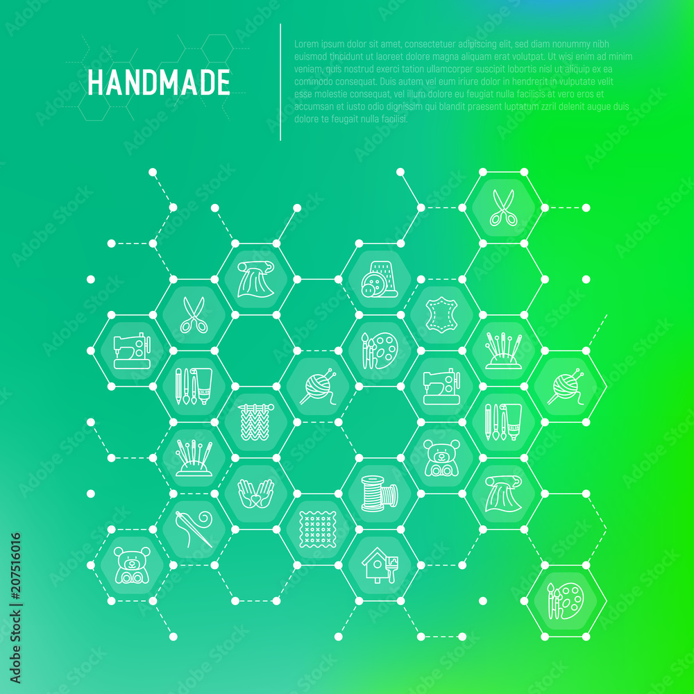 Handmade concept in honeycombs with thin line icons: sewing machine, knitting, needlework, drawing, embroidery, scissors, threads, yarn, pin. Modern vector illustration, template for workshop Handmade concept in honeycombs with thin line icons: sewing machine, knitting, needlework, drawing, embroidery, scissors, threads, yarn, pin. Modern vector illustration, template for workshop