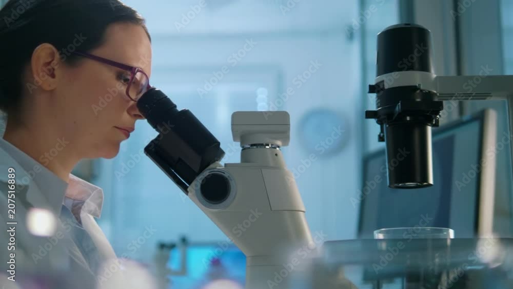 Young life scientist looking through a microscope in a laboratory. Young life scientist looking through a microscope in a laboratory.