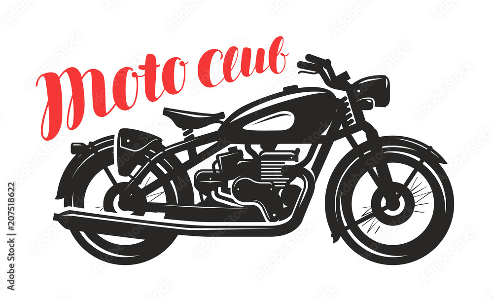 Naklejka premium Motocykl, sylwetka motocykla. Logo lub etykieta klubu Moto. Ilustracji wektorowych