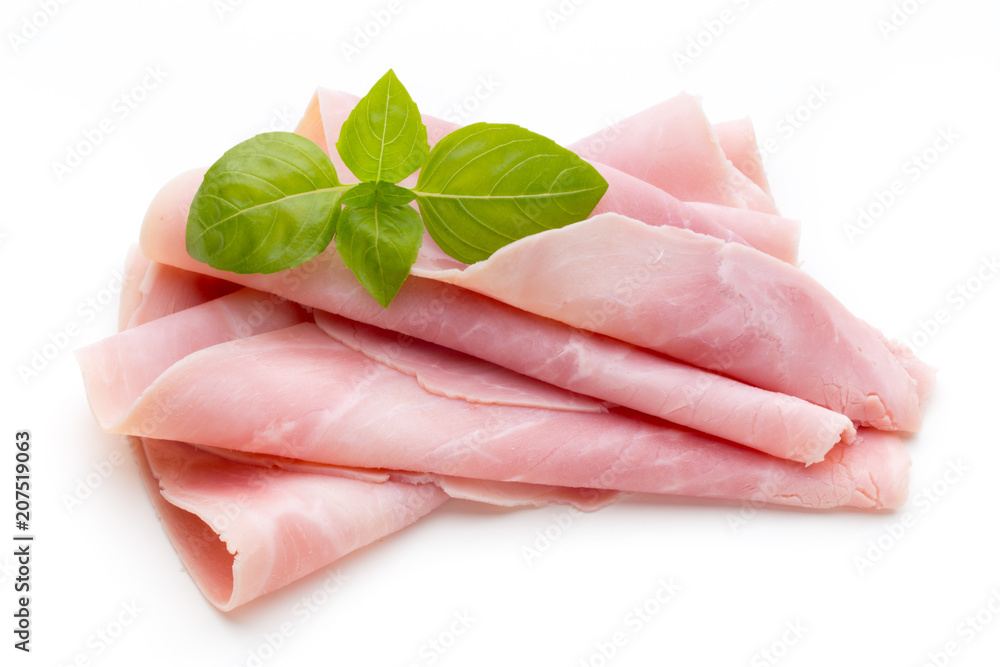 Sliced boiled ham sausage isolated on white background, top view. Sliced boiled ham sausage isolated on white background, top view.