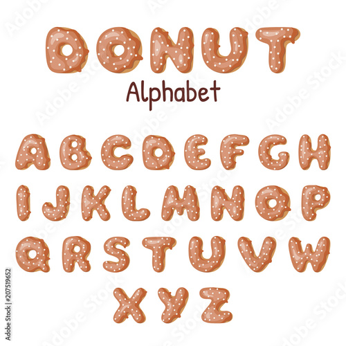 Hand drawn Donut alphabet. Donuts letters glazed by caramel. Vector template for your design.