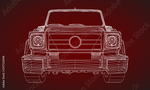 Model of premium frame SUV with a classic design. Vector illustration of a white polygonal triangular grid on a red background.