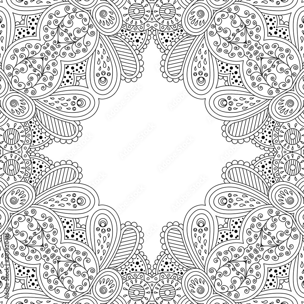 Fototapeta premium Vector template zentangle frame floral mandala for decorating greeting cards, coloring books, art therapy, wedding invitation, brochure, flyer, poster, packaging, textile, notebook, cover. 