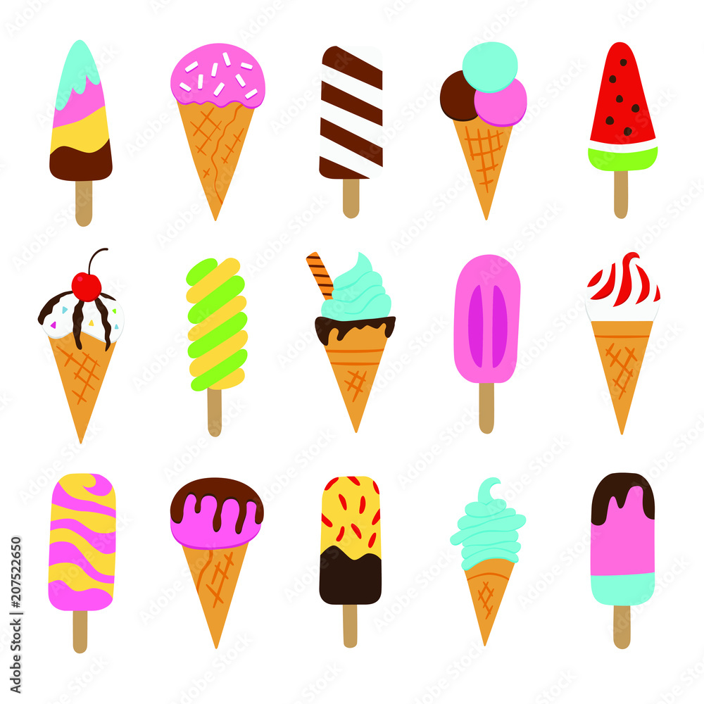 Ice cream, eskimo, waffle cone. Set of elements in doodle and cartoon style. Colorful. Vector. EPS 8 Ice cream, eskimo, waffle cone. Set of elements in doodle and cartoon style. Colorful. Vector. EPS 8