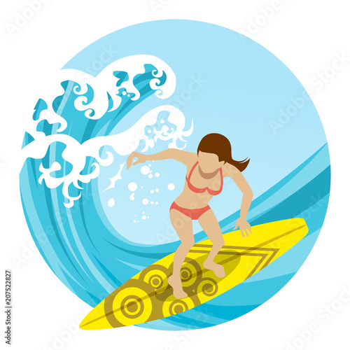 Anonymity Female surfer riding big wave - circular clip art