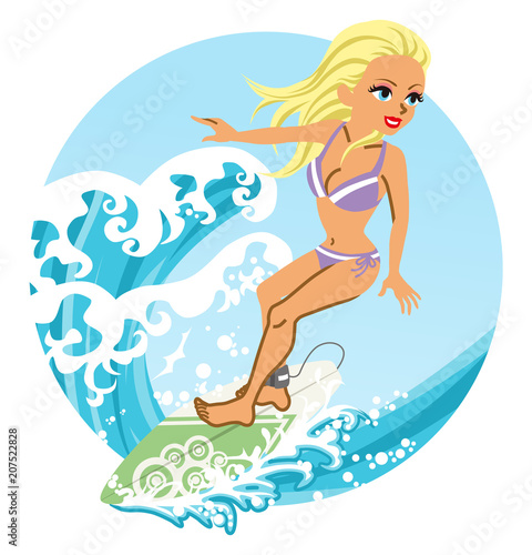 Female surfer riding big wave - circular clip art