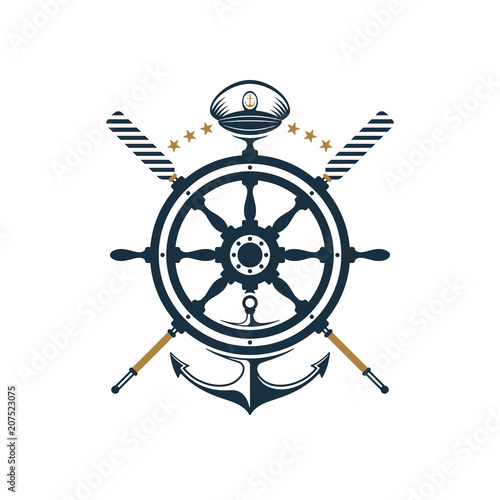 Nautical badge; ship wheel, anchor, oar, captains hat icons